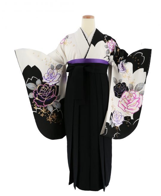 卒業式袴レンタルNo.628[2Lサイズ][クール]白×黒・ピンク紫バラ金蝶